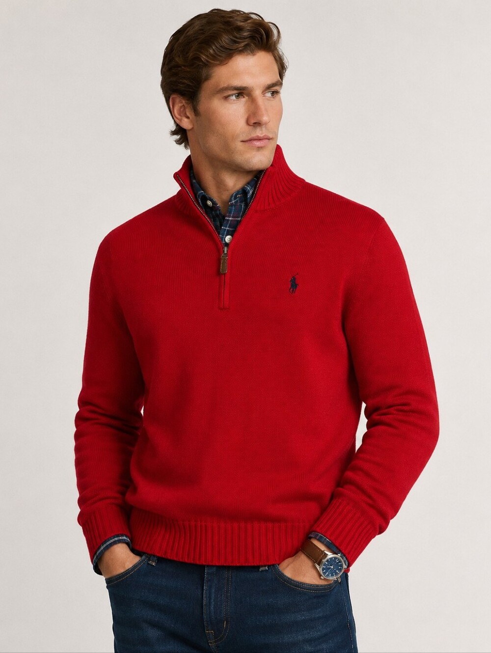 Polo Ralph Lauren Men's XL Red Quarter Zip Cotton Sweater Mock Neck Pony Logo